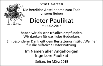 Traueranzeige von Dieter Paulikat von Uelzen