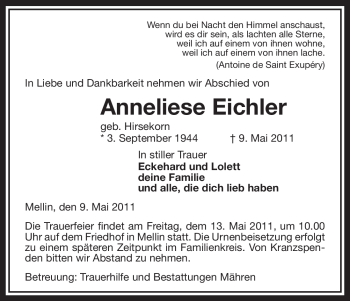 Traueranzeige von Anneliese Eichler von ALLGEMEINE ZEITUNG UELZEN