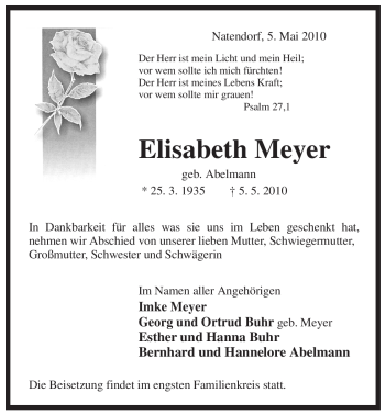 Traueranzeige von Elisabeth Meyer von ALLGEMEINE ZEITUNG UELZEN