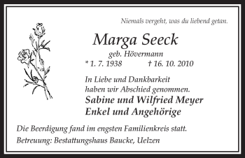 Traueranzeige von Marga Seeck von ALLGEMEINE ZEITUNG UELZEN