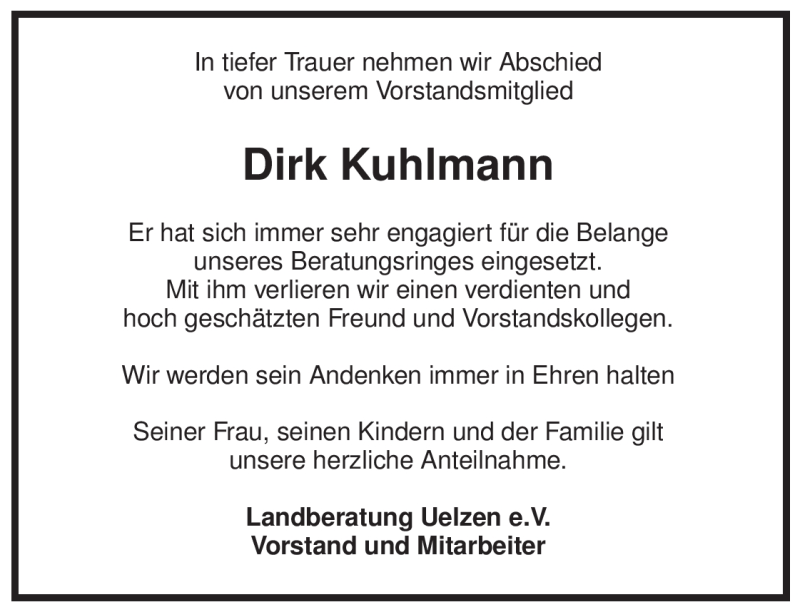  Traueranzeige für Dirk Kuhlmann vom 07.08.2009 aus ALLGEMEINE ZEITUNG UELZEN