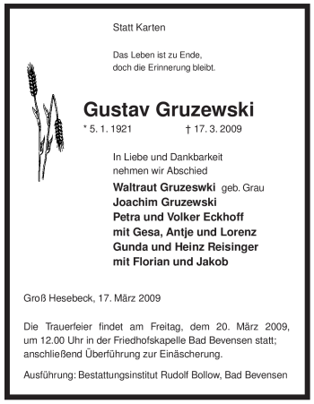 Traueranzeige von Gustav Gruzewski von ALLGEMEINE ZEITUNG UELZEN