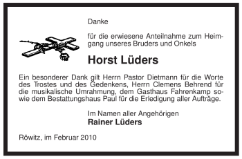 Traueranzeige von Horst Lüders von ALLGEMEINE ZEITUNG UELZEN