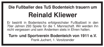 Traueranzeige von Reinald Kliewer von ALLGEMEINE ZEITUNG UELZEN