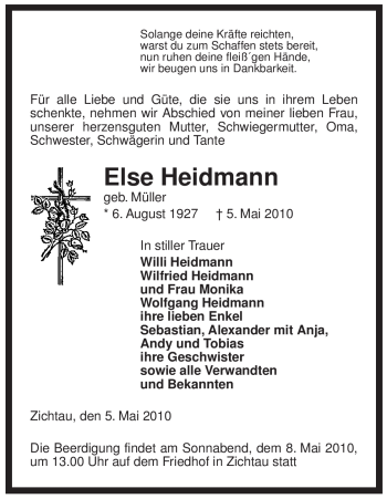 Traueranzeige von Else Heidmann von ALLGEMEINE ZEITUNG UELZEN