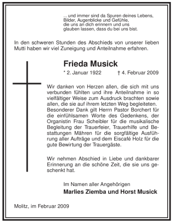 Traueranzeige von Frieda Musick von ALLGEMEINE ZEITUNG UELZEN