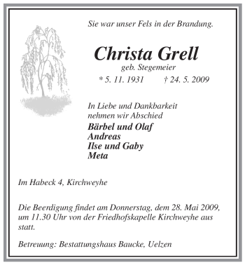 Traueranzeige von Christa Grell von ALLGEMEINE ZEITUNG UELZEN