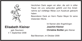 Traueranzeige von Elisabeth Kleiner von ALLGEMEINE ZEITUNG UELZEN