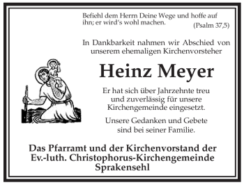 Traueranzeige von Heinz Meyer von ALLGEMEINE ZEITUNG UELZEN