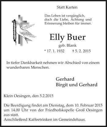 Traueranzeige von Elly Buer von Allgemeine Zeitung Uelzen