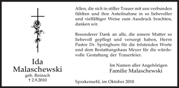 Traueranzeige von Ida Malaschewski von ALLGEMEINE ZEITUNG UELZEN