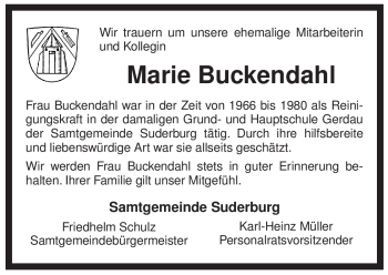 Traueranzeige von Marie Buckendahl von ALLGEMEINE ZEITUNG UELZEN