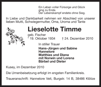 Traueranzeige von Lieselotte Timme von ALLGEMEINE ZEITUNG UELZEN