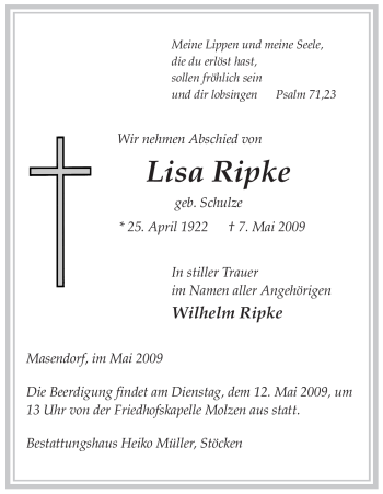 Traueranzeige von Lisa Ripke von ALLGEMEINE ZEITUNG UELZEN