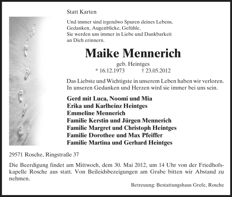  Traueranzeige für Maike Mennerich vom 26.05.2012 aus ALLGEMEINE ZEITUNG UELZEN