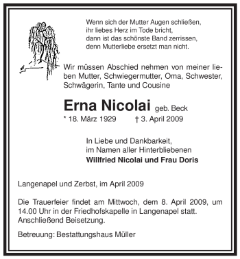 Traueranzeige von Erna Nicolai von ALLGEMEINE ZEITUNG UELZEN