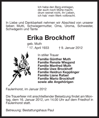 Traueranzeige von Erika Brockhoff von ALLGEMEINE ZEITUNG UELZEN