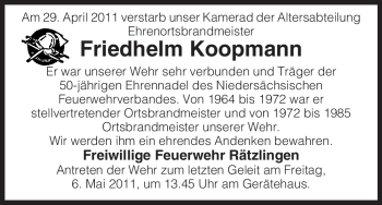 Traueranzeige von Friedhelm Koopmann von ALLGEMEINE ZEITUNG UELZEN