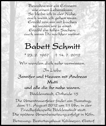 Traueranzeige von Babett Schmitt von ALLGEMEINE ZEITUNG UELZEN