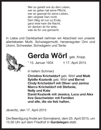 Traueranzeige von Gerda Wörl von Uelzen