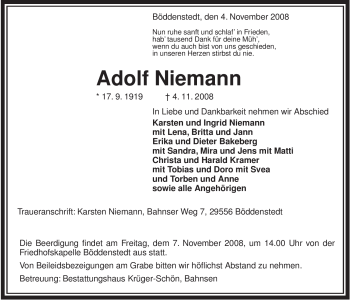 Traueranzeige von Adolf Niemann von ALLGEMEINE ZEITUNG UELZEN