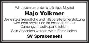 Traueranzeige von Hajo Volkmer von ALLGEMEINE ZEITUNG UELZEN