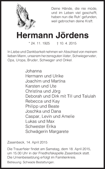 Traueranzeige von Hermann Jördens von Uelzen