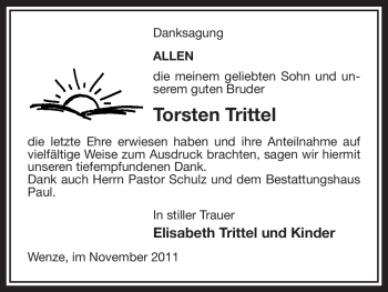 Traueranzeige von Torsten Trittel von ALLGEMEINE ZEITUNG UELZEN