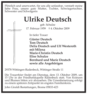 Traueranzeige von Ulrike Deutsch von ALLGEMEINE ZEITUNG UELZEN