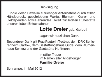 Traueranzeige von Lotte Dreier von ALLGEMEINE ZEITUNG UELZEN