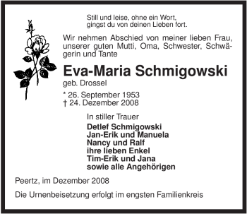 Traueranzeige von Eva-Maria Schmigowski von ALLGEMEINE ZEITUNG UELZEN