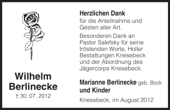 Traueranzeige von Wilhelm Berlinecke von ALLGEMEINE ZEITUNG UELZEN