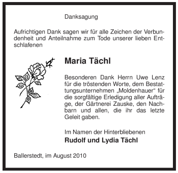 Traueranzeige von Maria Tächl von ALLGEMEINE ZEITUNG UELZEN