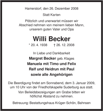 Traueranzeige von Willi Becker von ALLGEMEINE ZEITUNG UELZEN