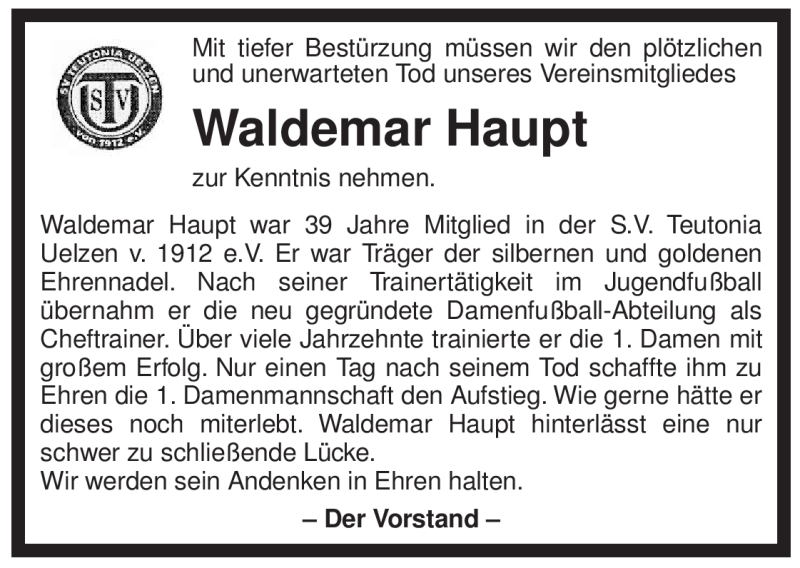  Traueranzeige für Waldemar Haupt vom 01.06.2010 aus ALLGEMEINE ZEITUNG UELZEN