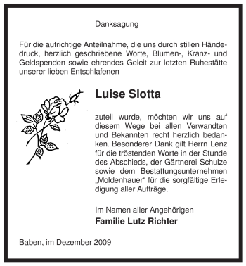 Traueranzeige von Luise Slotta von ALLGEMEINE ZEITUNG UELZEN