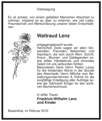 Traueranzeige von Waltraud Lenz von ALLGEMEINE ZEITUNG UELZEN