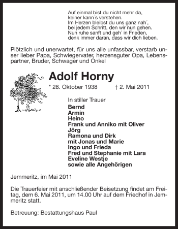 Traueranzeige von Adolf Horny von ALLGEMEINE ZEITUNG UELZEN