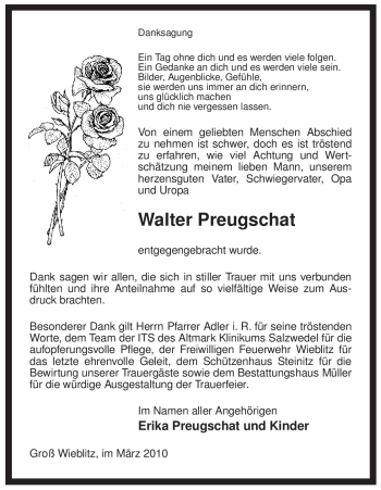 Traueranzeige von Walter Preugschat von ALLGEMEINE ZEITUNG UELZEN