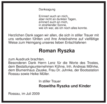 Traueranzeige von Roman Ryszka von ALLGEMEINE ZEITUNG UELZEN