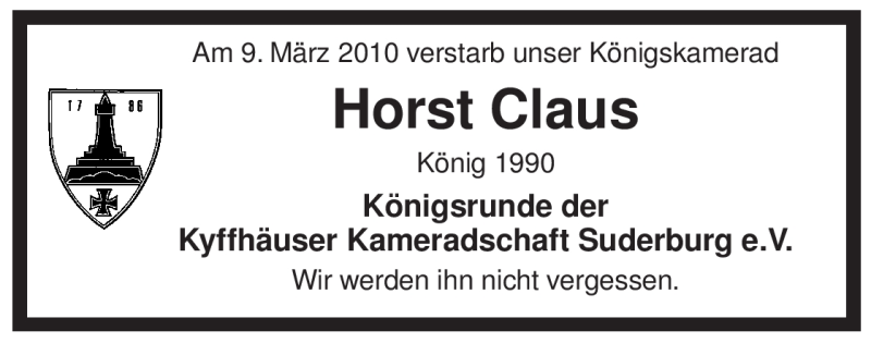  Traueranzeige für Horst Claus vom 11.03.2010 aus ALLGEMEINE ZEITUNG UELZEN