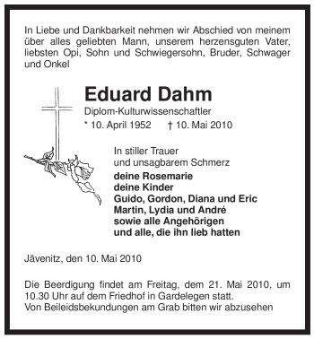 Traueranzeige von Eduard Dahm von ALLGEMEINE ZEITUNG UELZEN