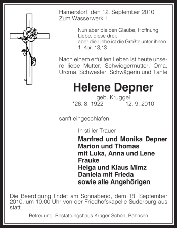 Traueranzeige von Helene Depner von ALLGEMEINE ZEITUNG UELZEN