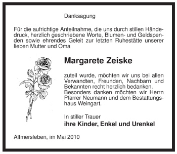 Traueranzeige von Margarete Zeiske von ALLGEMEINE ZEITUNG UELZEN