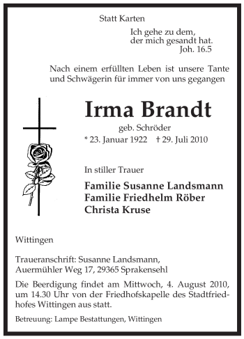 Traueranzeige von Irma Brandt von ALLGEMEINE ZEITUNG UELZEN