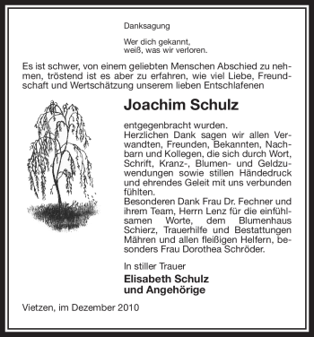 Traueranzeige von Joachim Schulz von ALLGEMEINE ZEITUNG UELZEN