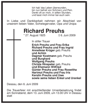 Traueranzeige von Richard Preuhs von ALLGEMEINE ZEITUNG UELZEN