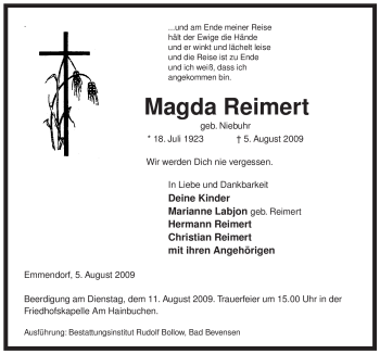 Traueranzeige von Magda Reimert von ALLGEMEINE ZEITUNG UELZEN