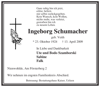 Traueranzeige von Ingeborg Schumacher von ALLGEMEINE ZEITUNG UELZEN