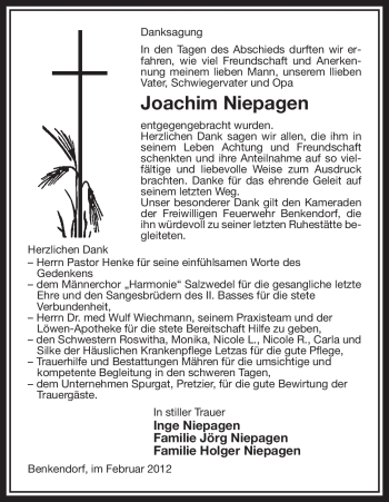 Traueranzeige von Joachim Niepagen von ALLGEMEINE ZEITUNG UELZEN